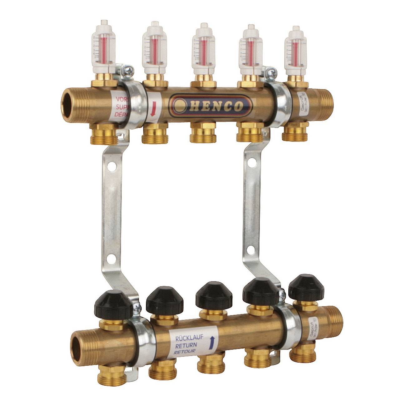 Группа коллекторная HENCO MD 1 x 4 выхода 3/4 EK латунная с расходомерами MD01-04