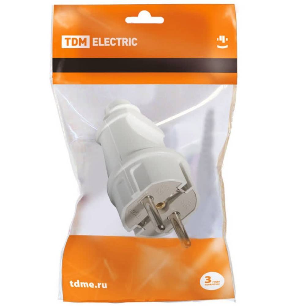 Вилка штепсельная TDM ELECTRIC прямая с заземлением 16 А 250 В белая SQ0601-0001