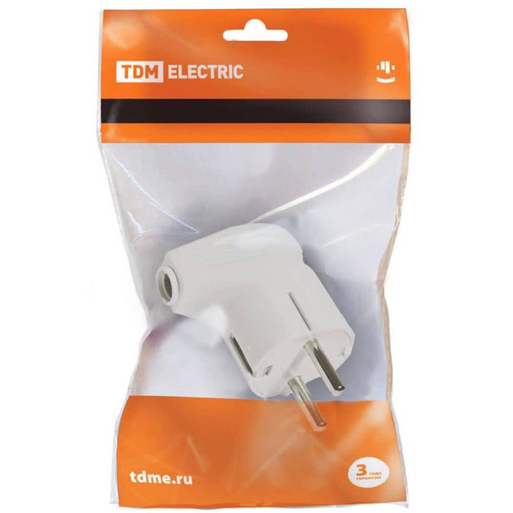 Вилка штепсельная TDM ELECTRIC угловая с заземлением 16 А 250 В белая SQ0601-0002