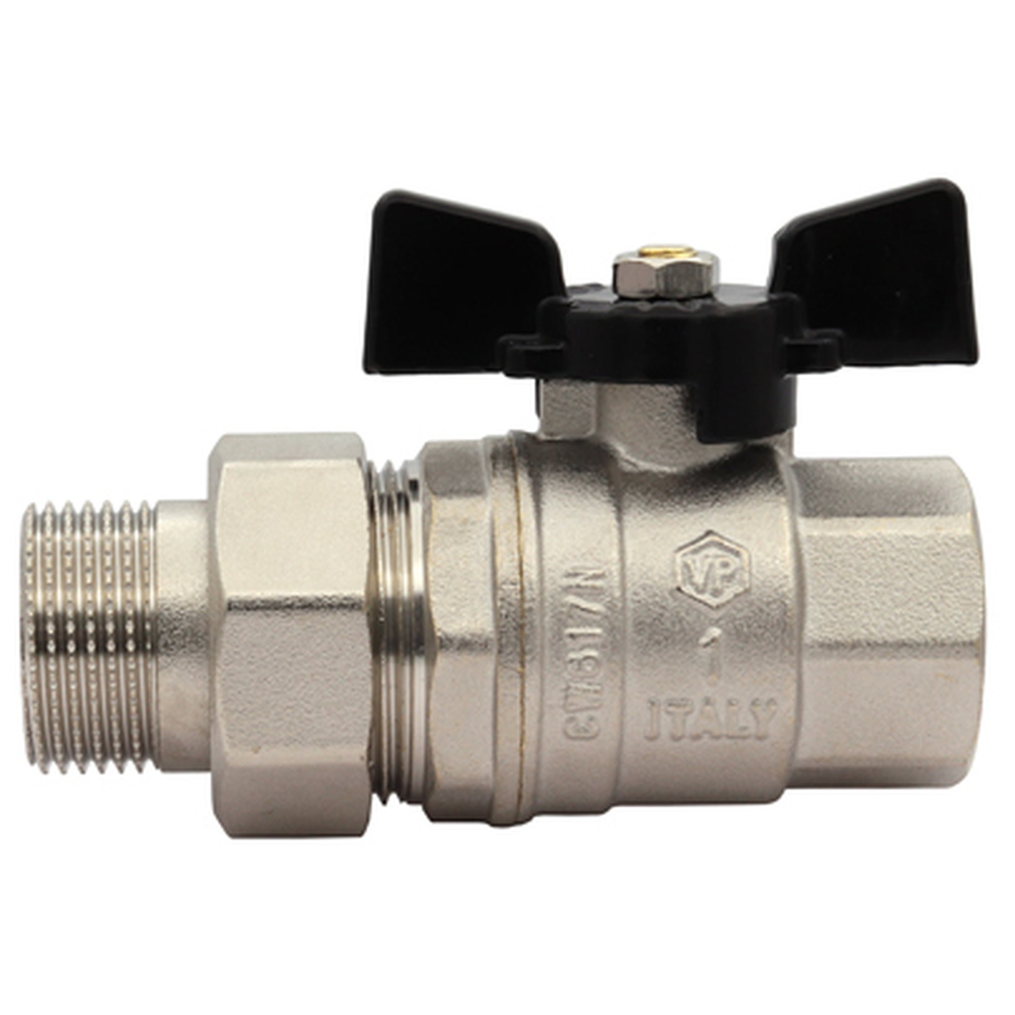 Кран шаровой ViEiR прямой с американкой 1 дюйм НВ бабочка черная ручка VP224-03