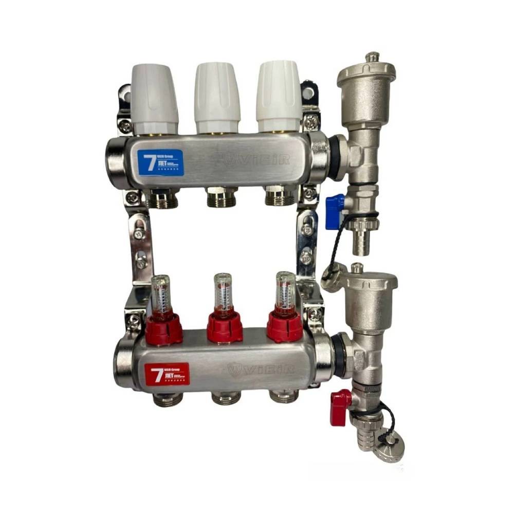 Коллекторная группа ViEiR 1 x 3 x 3/4 с расходомерами, дренажными кранами и воздухоотводчиками нержавеющая сталь VR113-03A