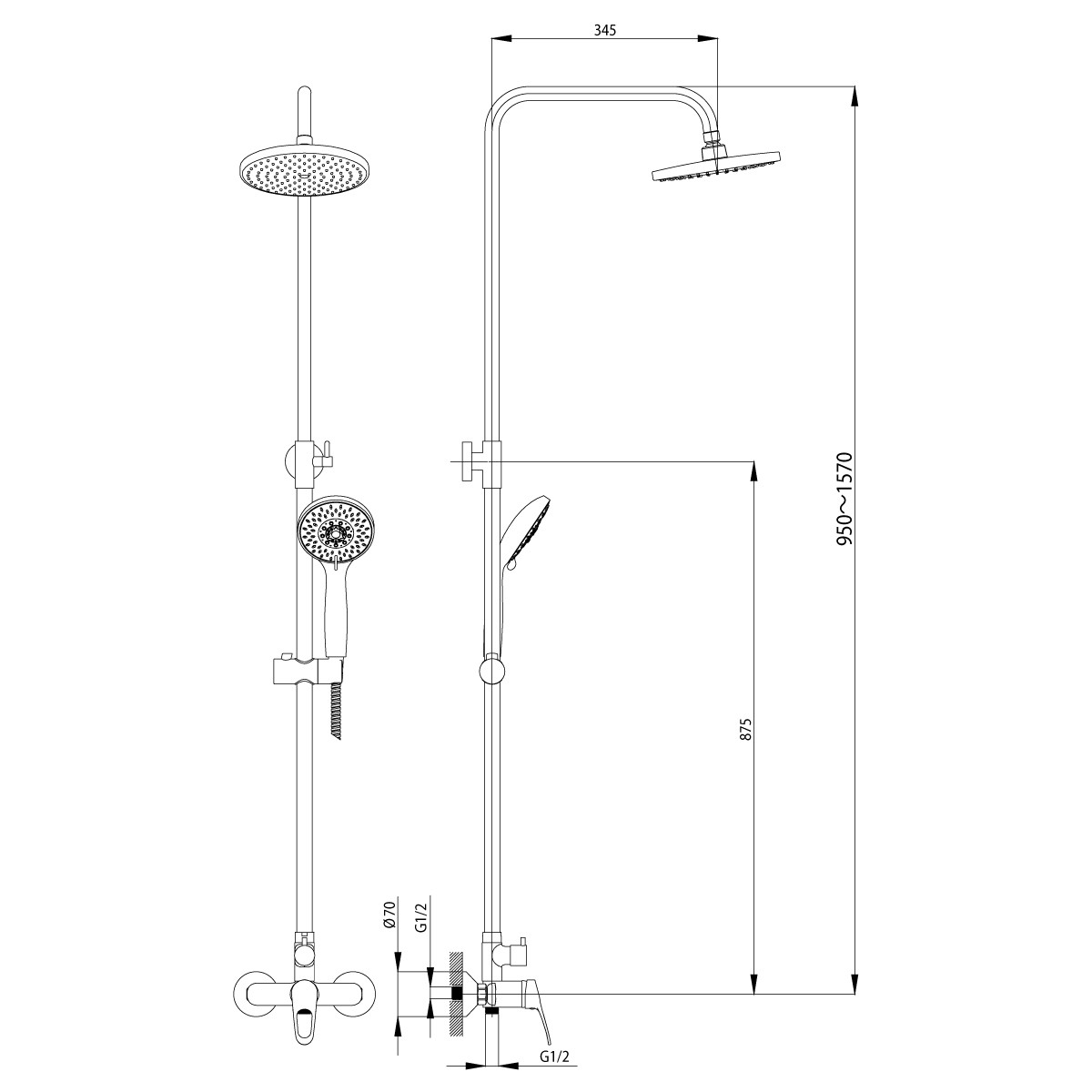 Смеситель для душа Rossinka B35-45 с регулируемой штангой и лейкой Тропический дождь B35-45
