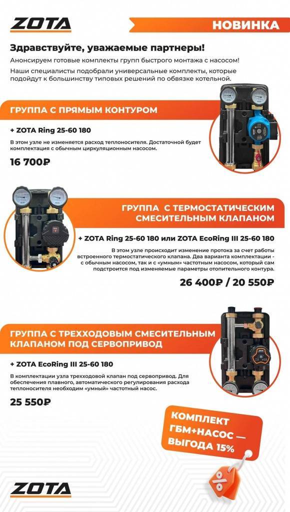 Насосная группа ZOTA с термостатическим смесителем 30-60 °C и насосом EcoRING III 25-60 180 AGR4932010003