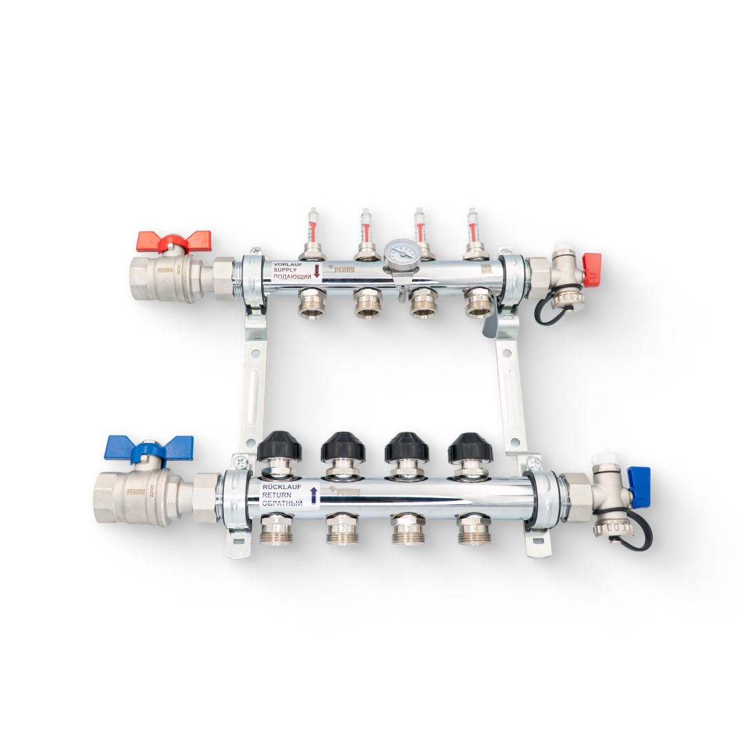 Коллекторная группа с шар. кранами HKV-D 1 х 6 вых. 3/4ЕК, с расх-рами и терм. вент, нерж.сталь