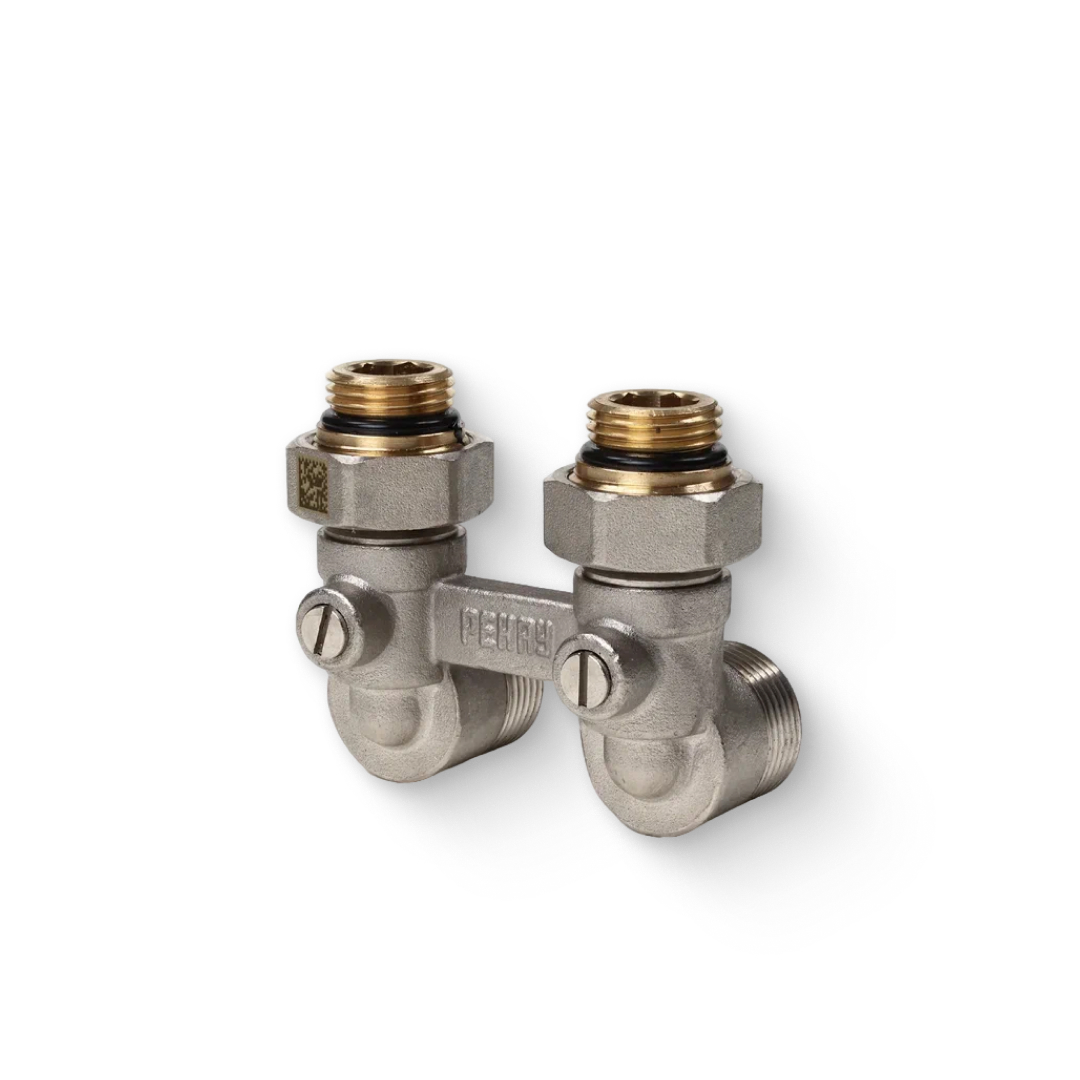 Узел нижнего подключения угловой НН 3/4 EK x 1/2 с накидными гайками и ниппелями, никелированный