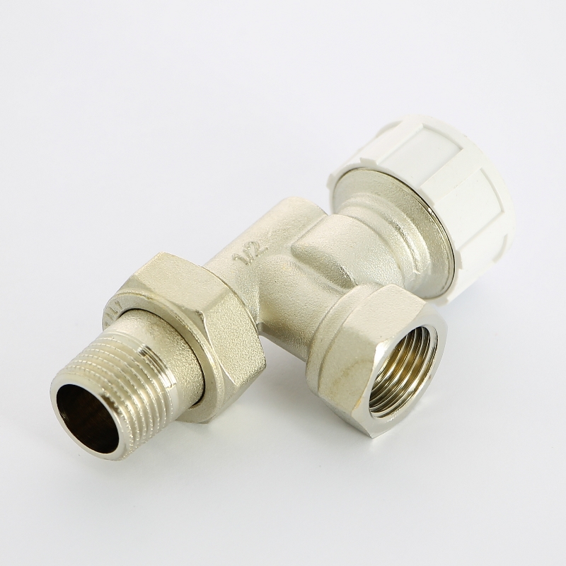 Вентиль термостатический угловой-осевой НВ 1/2 с разъёмным соединением, никелированный