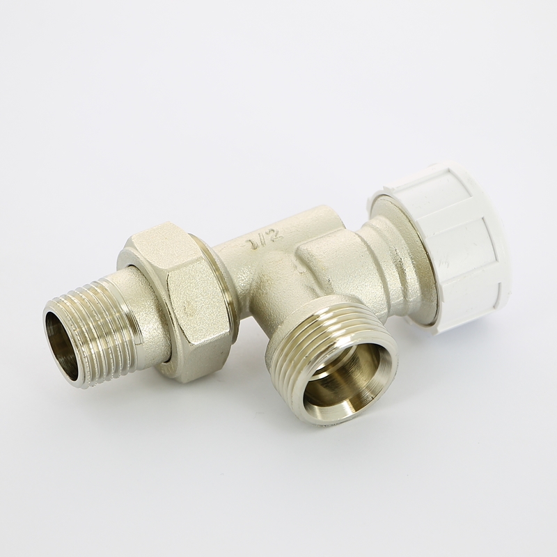 Вентиль термостатический угловой-осевой НН 1/2 х 3/4 ЕК с разъёмным соединением, никелированный