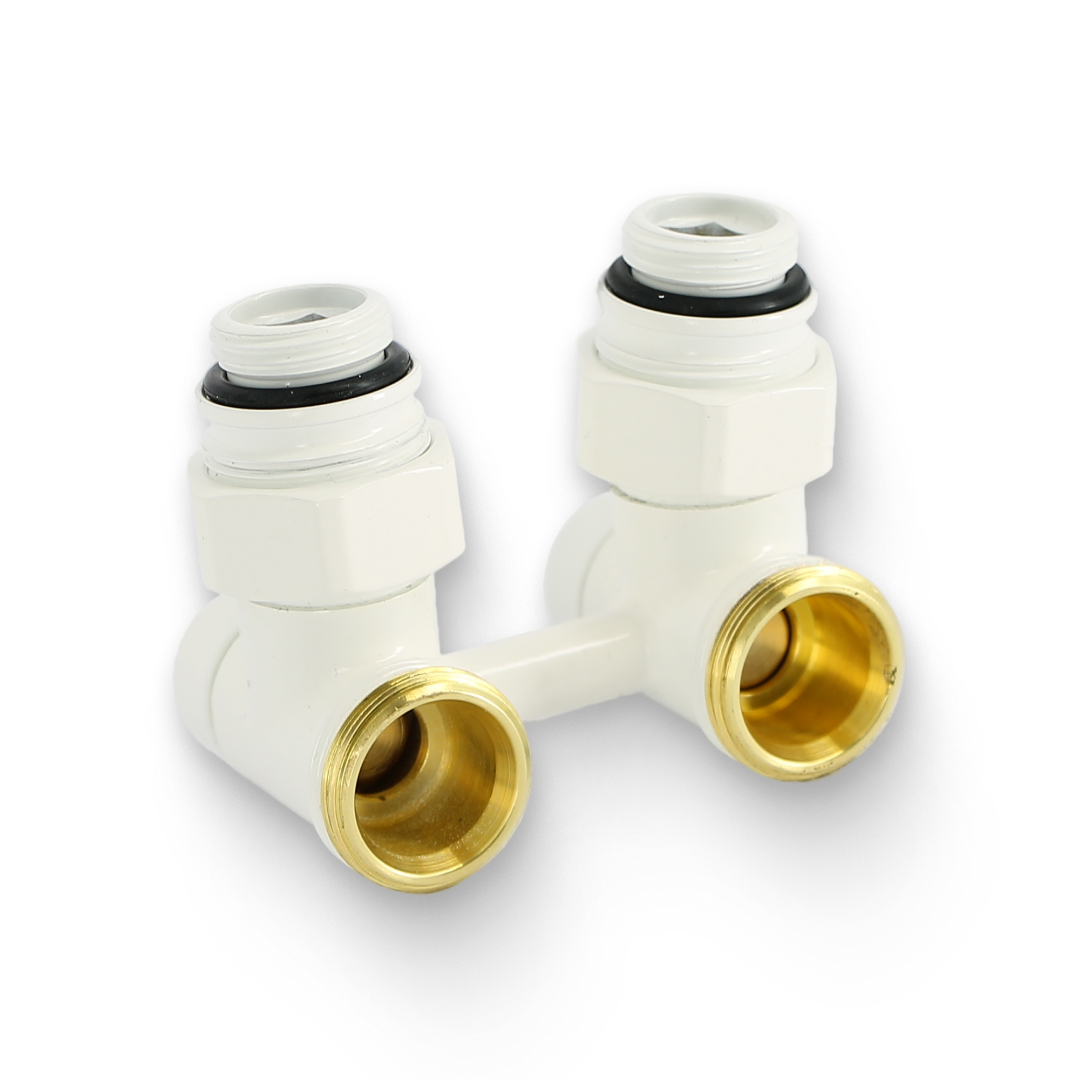 Узел угловой НН 1/2 х 3/4 ЕК белый радиаторный со встроенными вентилями, с ниппелями