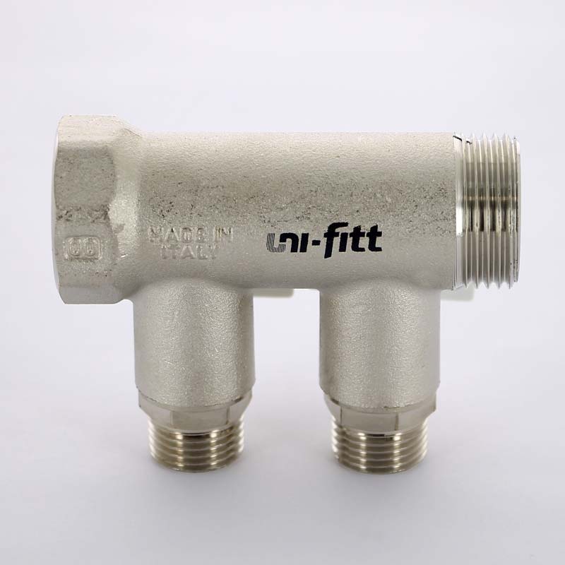 Коллектор распределительный Uni-Fitt 1 НВ 2 выхода 1/2 Н 40 мм с отсечными кранами никелированный 424N4220