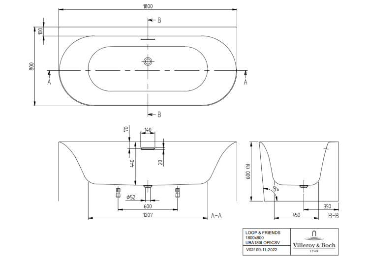 Ванна пристенная Villeroy & Boch Loop & Friends 1800x800 мм овальная альпийский белый UBA180LOF9CS00V01