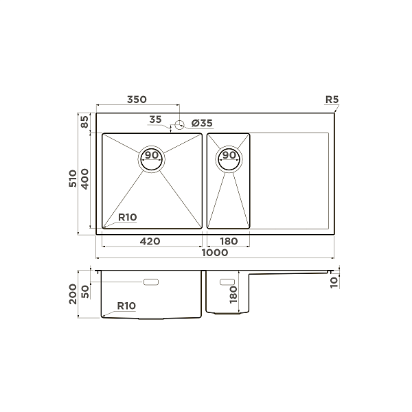 Кухонная мойка Omoikiri Akisame 100-2-L-IN нержавеющая сталь 100x51 см 4973544