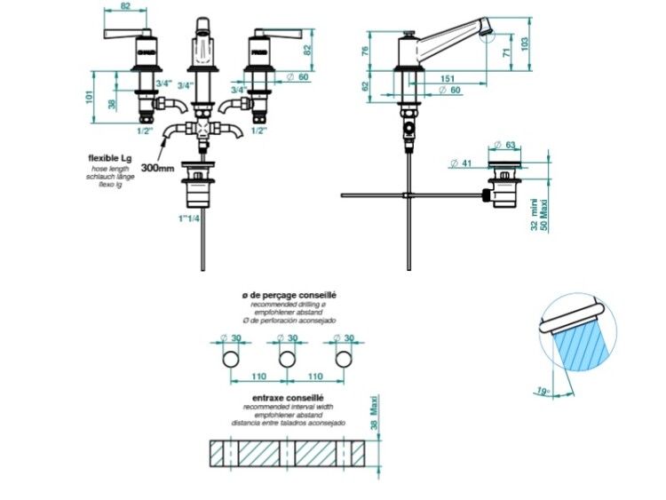 Смеситель для раковины THG Fauborg на 3 отверстия никель G2JB01152