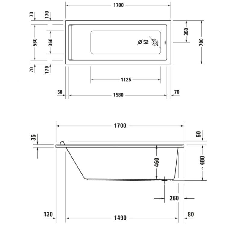 Ванна Duravit Starck 1700x700 мм встраиваемая с одним наклоном для спины 700334000000000
