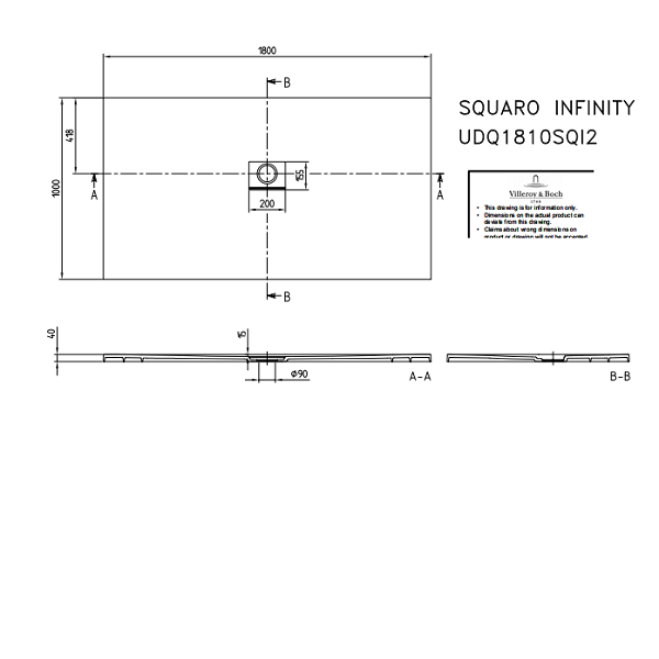Душевой поддон Villeroy & Boch Squaro Infinity 1800x1000x40 мм цвет Stone White UDQ1810SQI2VRW