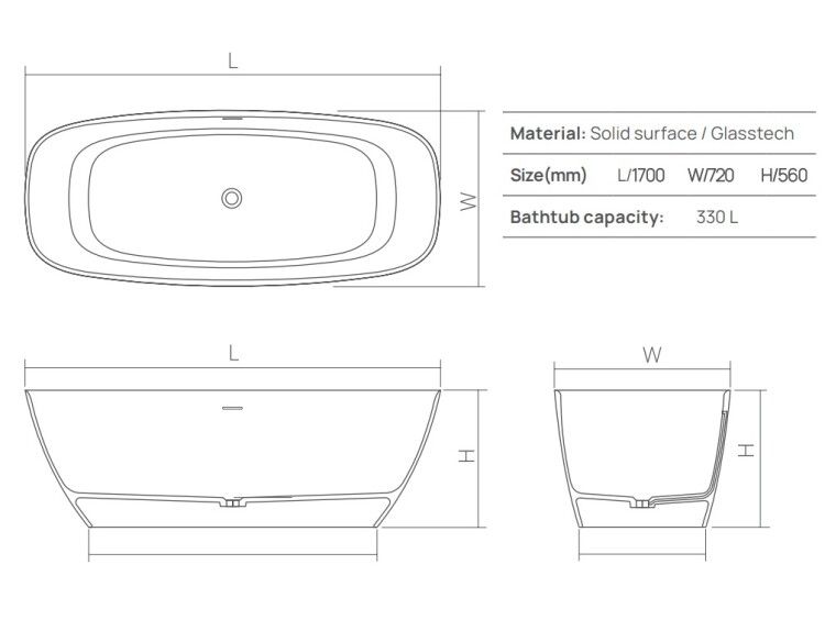 Ванна DEA Design Edge 1700x720x560 мм отдельностоящая Solid Surface цвет черный DD8671 1700 16