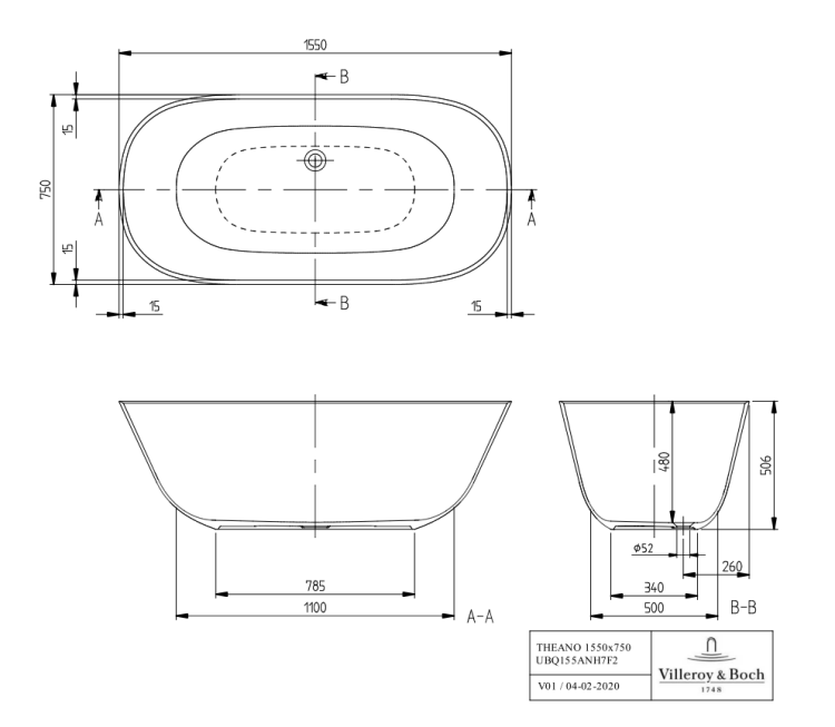 Ванна Villeroy & Boch Theano 1550x750 мм отдельностоящая белый альпийский UBQ155ANH7F200V01