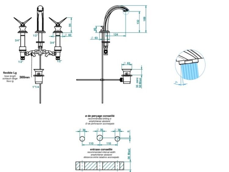 Смеситель для раковины THG Papillon на 3 отверстия матовый хром A2JC02151M