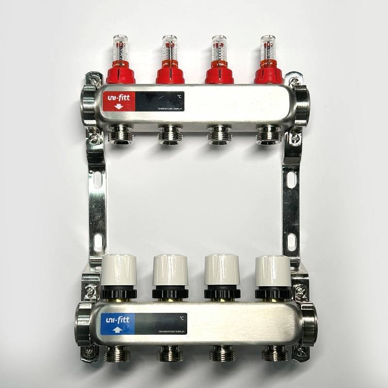 Коллекторная группа 1 x 4 выхода 3/4 STOUT с расходомерами из нержавеющей стали без концевых групп 450W4304