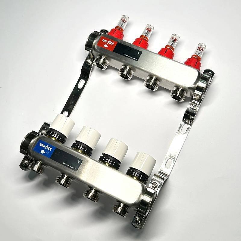 Коллекторная группа 1 x 4 выхода 3/4 STOUT с расходомерами из нержавеющей стали без концевых групп 450W4304