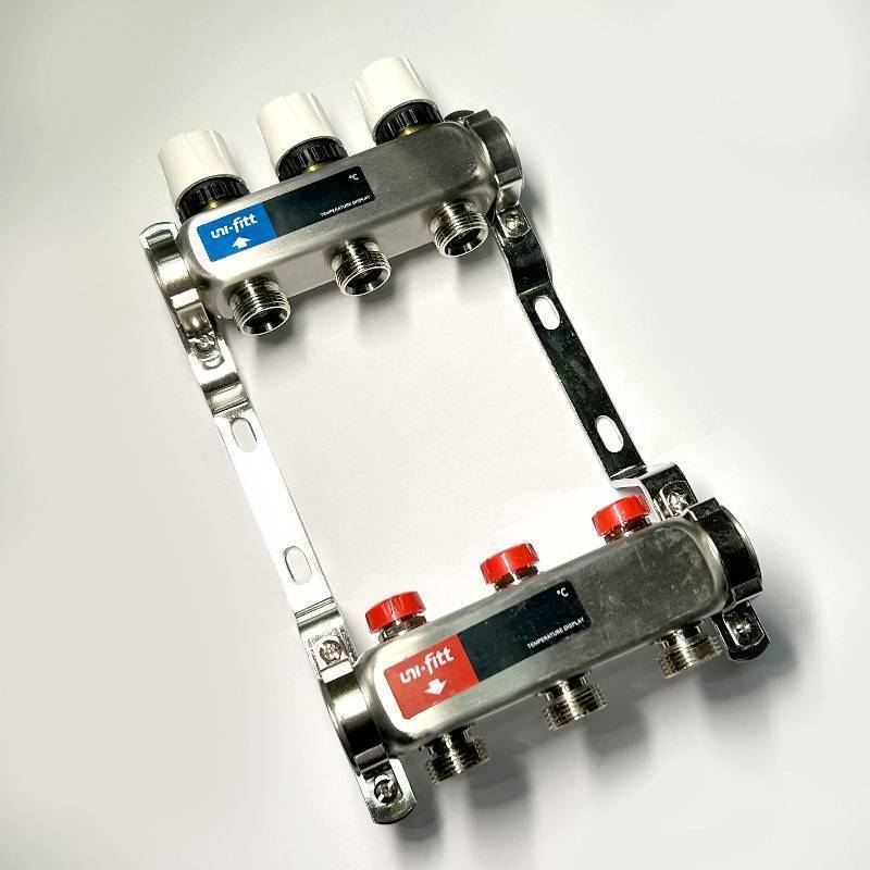 Коллекторная группа 1 x 3 выхода 3/4 STOUT с балансировочными клапанами из нержавеющей стали без концевых групп 451W4303