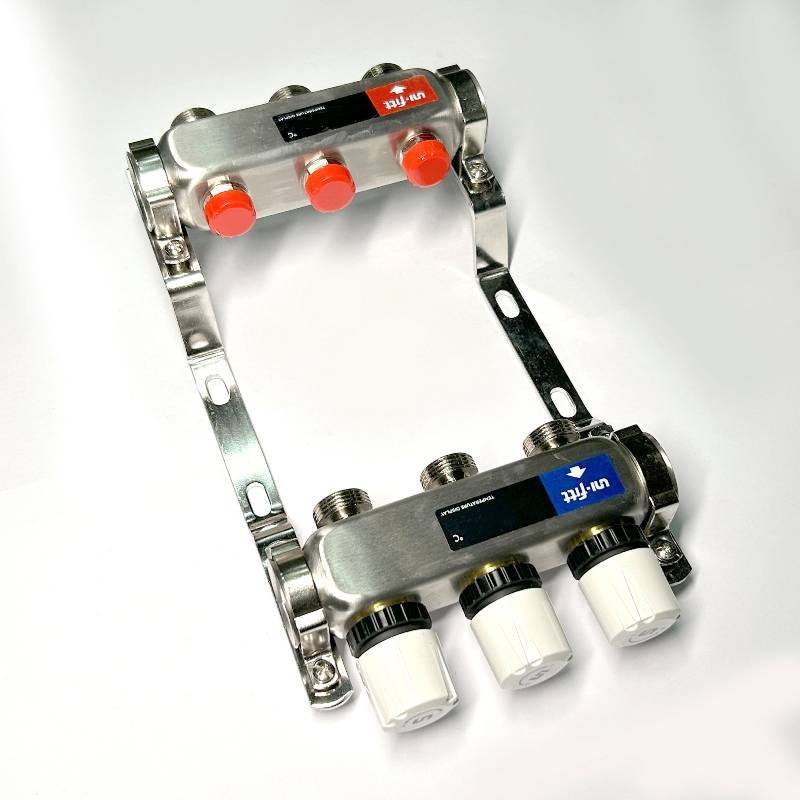 Коллекторная группа 1 x 3 выхода 3/4 STOUT с балансировочными клапанами из нержавеющей стали без концевых групп 451W4303