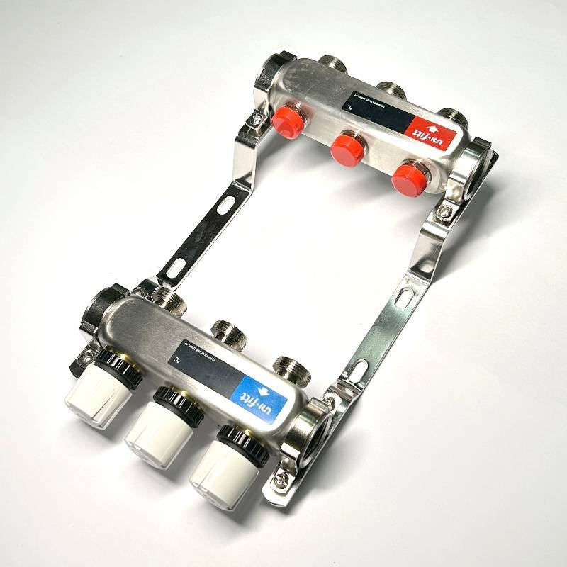 Коллекторная группа 1 x 3 выхода 3/4 STOUT с балансировочными клапанами из нержавеющей стали без концевых групп 451W4303