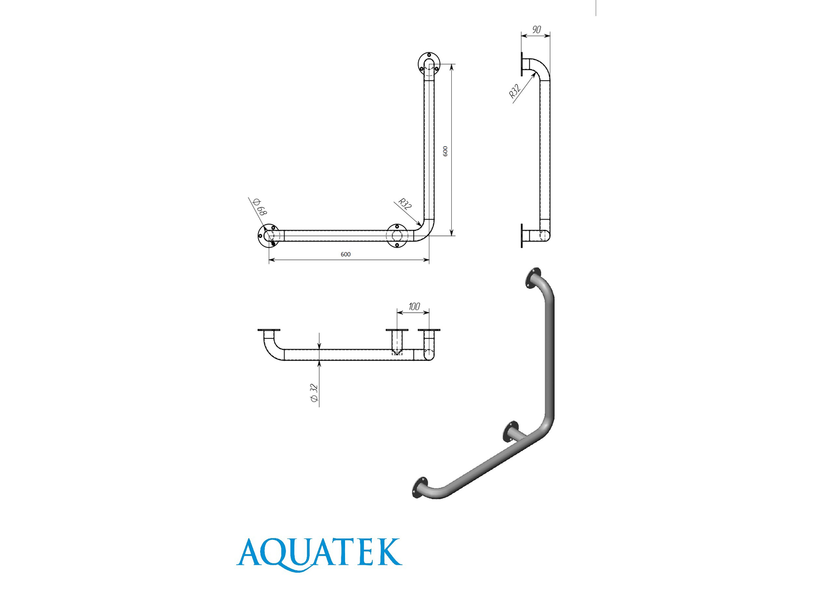 Поручень настенный Г-образный Титан 600х600 мм левый POR-0000008
