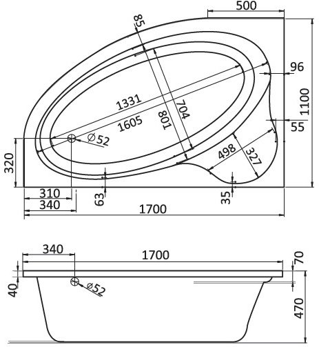 Ванна акриловая асимметричная Triton Эдера 170х110 см левосторонняя белая 1.WH11.1.995