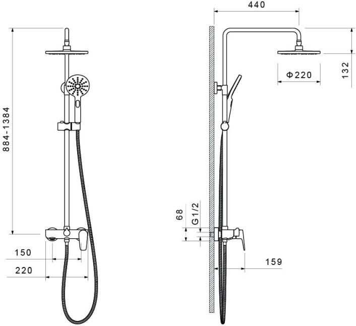 Душевая система со смесителем для ванны Aquanet Бетта 220 мм матовый черный AQ2140MB