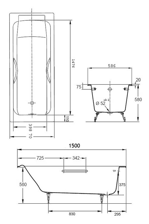 Ванна чугунная Jacob Delafon Parallel 150х70 см с отверстиями для ручек E2949-00