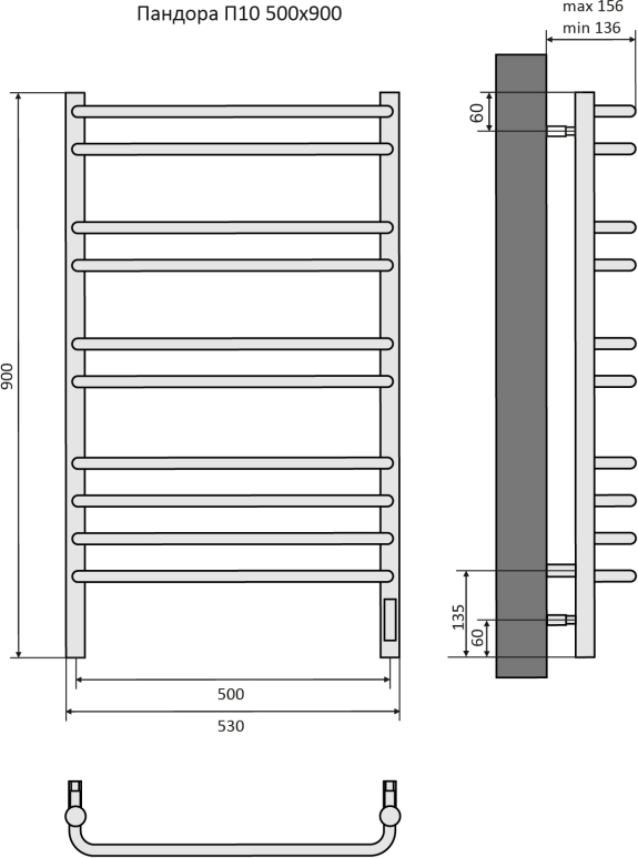 Полотенцесушитель электрический Aquatek Пандора П10 500х900 мм хром AQ EL RPC1090CH