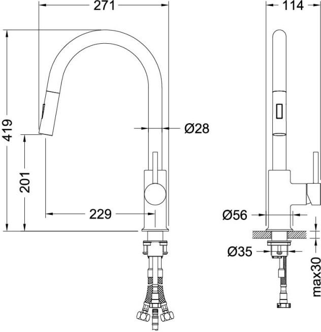 Смеситель для кухни Aquanet Европа с вытяжным изливом 2 jet матовый черный AQ1384MB