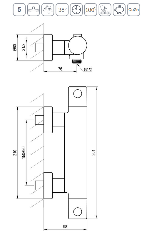 Смеситель для душа термостатический Ravak Puri PU 033.20/150 черный X070188