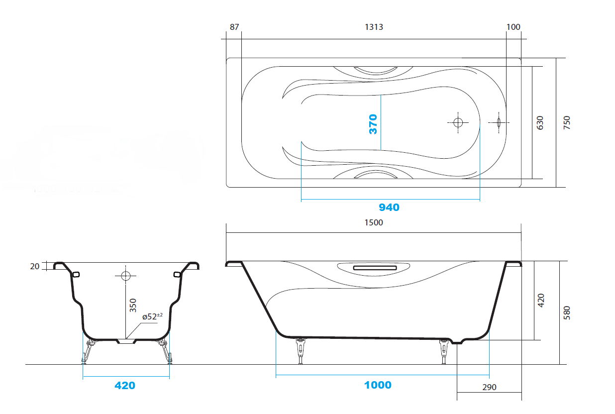 Ванна чугунная Aquanet Gamma 1500x750 мм с ножками и ручками AQ8050FH-00