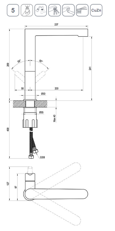 Смеситель для кухни RAVAK Puri PU 016.20 с поворотным изливом черный X070183