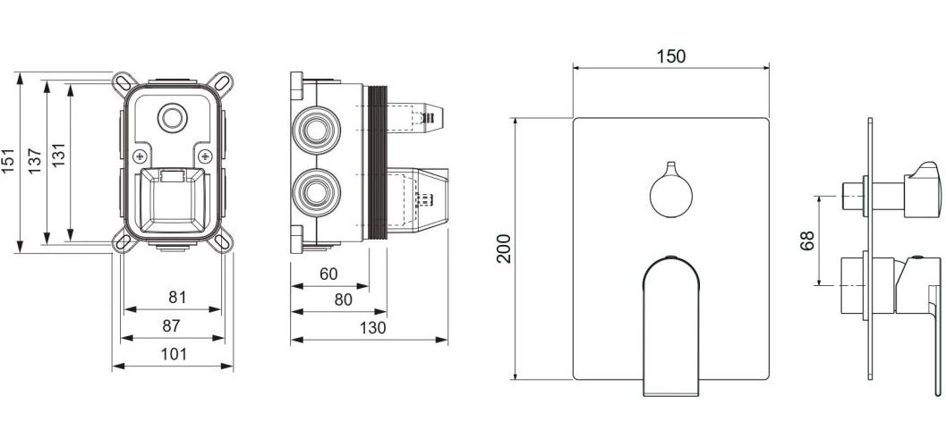 Смеситель для ванны Aquanet ЛИРА скрытого монтажа 3 режима (внешняя и скрытая часть) матовый черный AQ1447MB