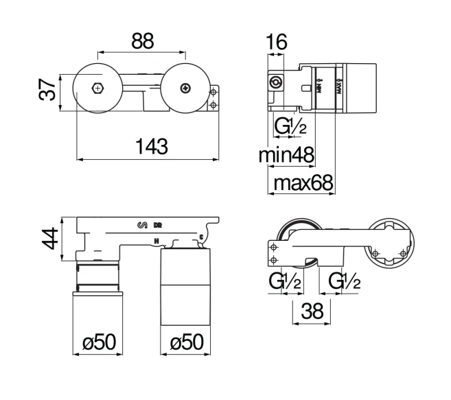Смеситель для раковины скрытого монтажа Webert (скрытая часть) WE00198