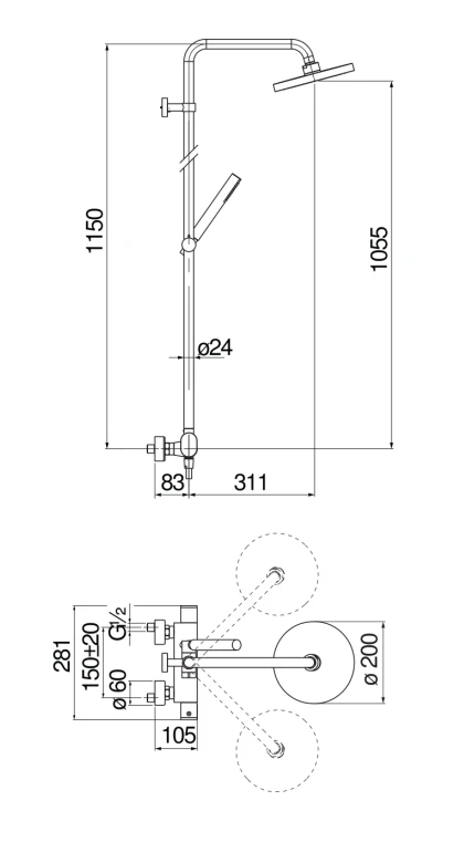 Душевая система термостатическая UP верхний душ 20 см хром UP94030/30CR