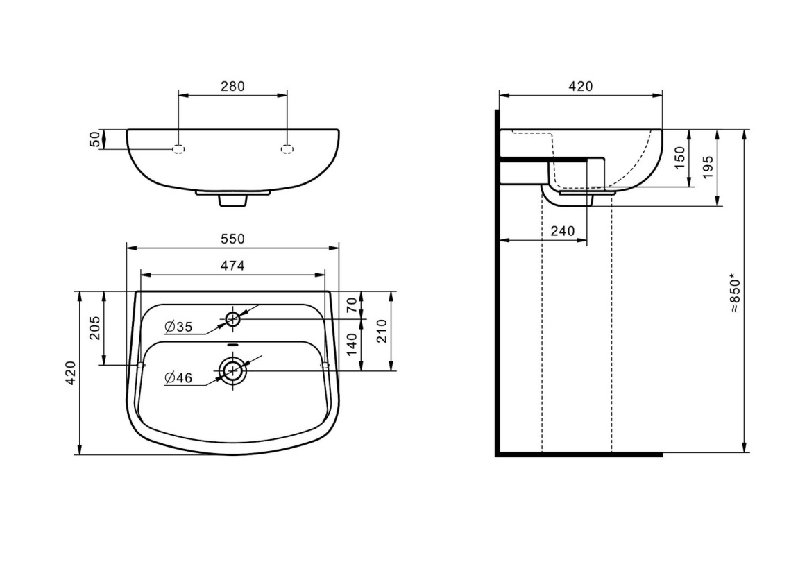 Умывальник Santek Лонги 55 см 1 отверстие 1.WH50.1.755