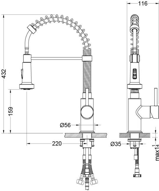 Смеситель для кухни Aquanet Европа профессиональный 2 jet хром AQ1387CR