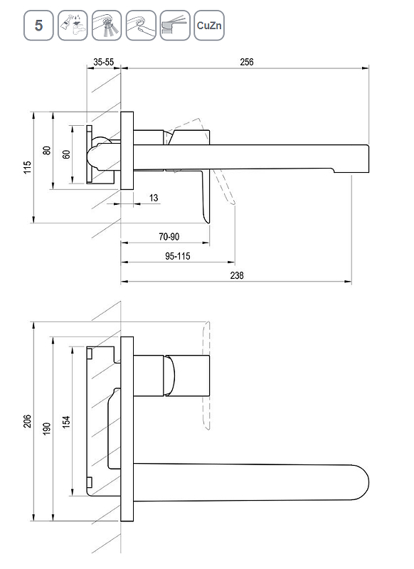 Смеситель для умывальника RAVAK Puri PU 019.20 настенный монтаж черный X070184