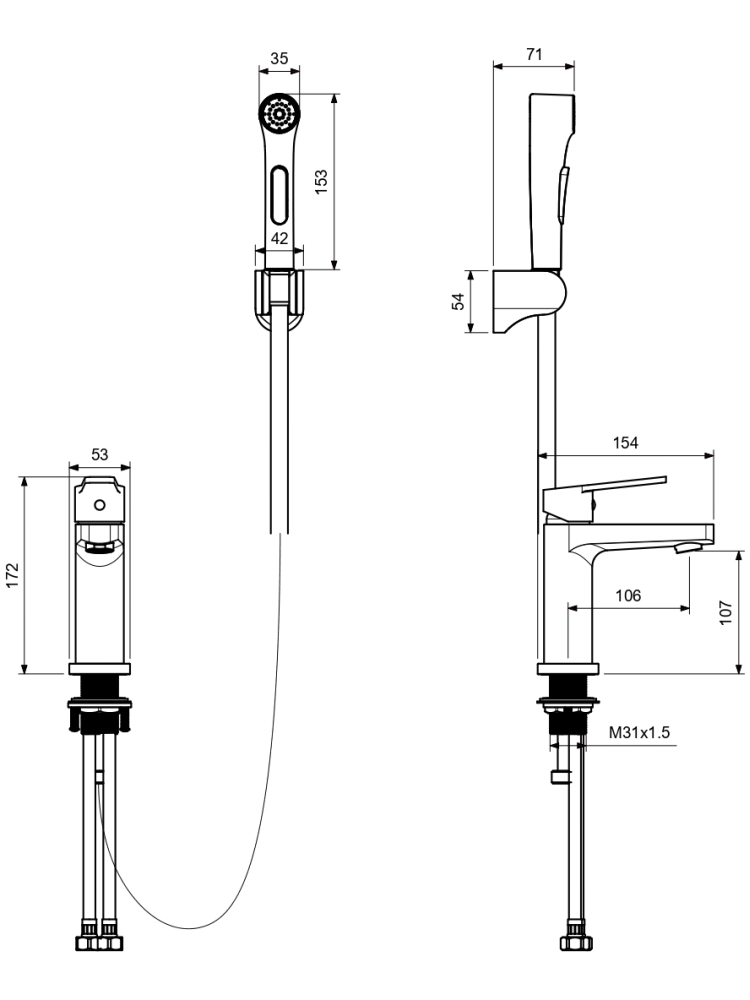 Смеситель для раковины Aquanet Лугано 106 мм с гигиеническим душем оружейная сталь AQ1712BGM