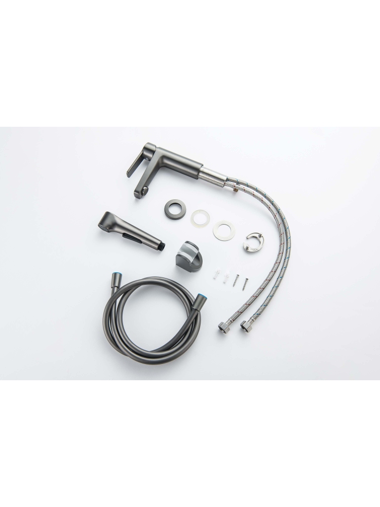 Смеситель для раковины Aquanet Лугано 106 мм с гигиеническим душем оружейная сталь AQ1712BGM