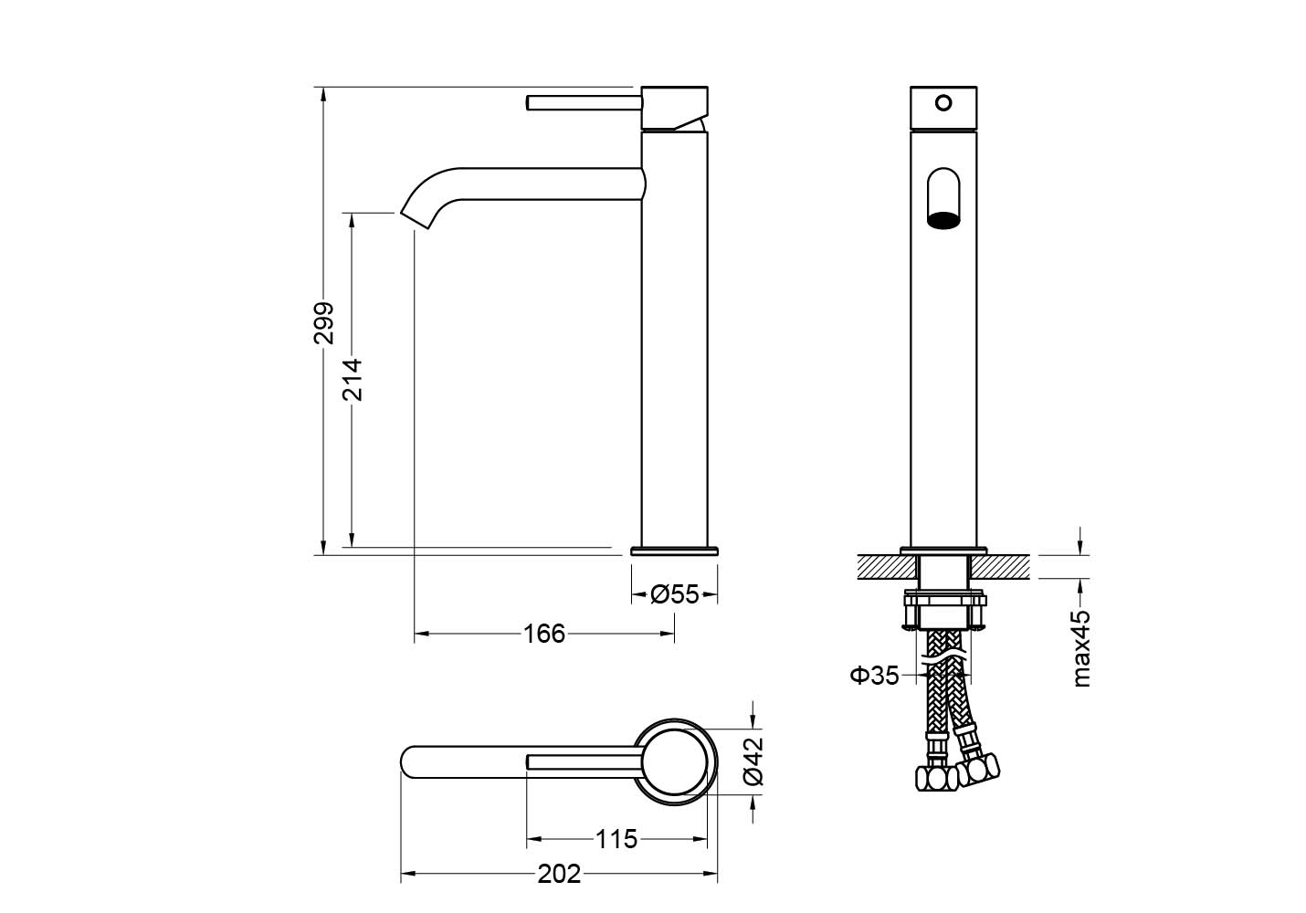 Смеситель для раковины высокий Aquanet Europa 215 мм без донного клапана оружейная сталь AQ1304BGM