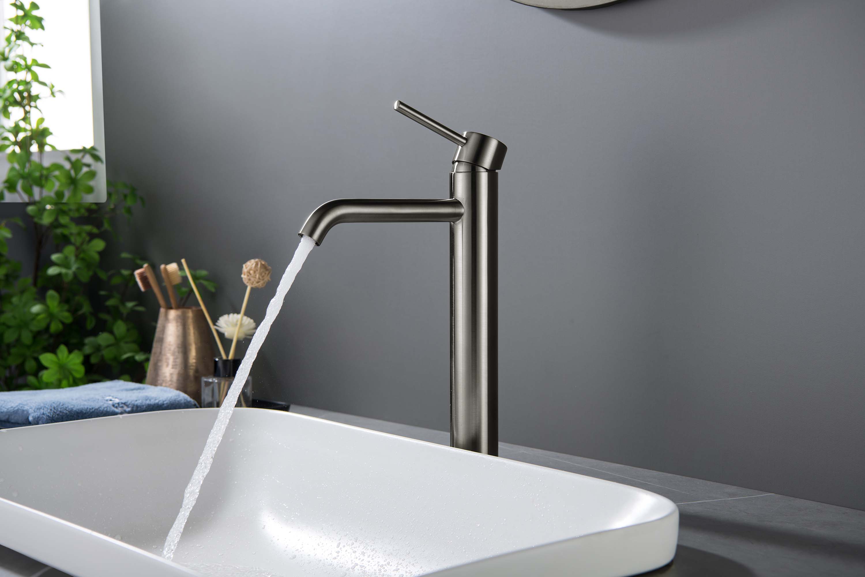 Смеситель для раковины высокий Aquanet Europa 215 мм без донного клапана оружейная сталь AQ1304BGM