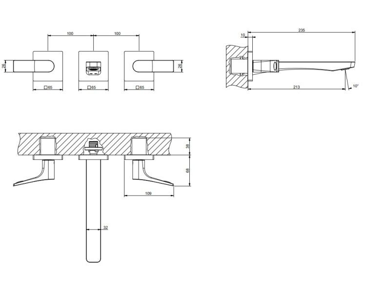 Смеситель для раковины Gessi Rilievo настенный встраиваемый на 3 отверстия Brass PVD 59090710