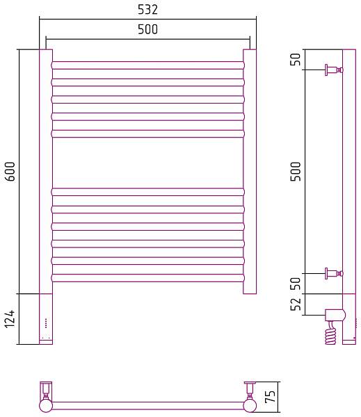 Полотенцесушитель электрический Сунержа Богема 3.0 500x600 мм левый без покрытия 00-5804-6050