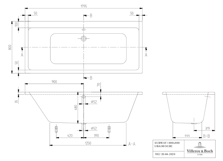 Ванна Villeroy & Boch Subway 1800x800 мм белый альпийский UBA180SUB2V01