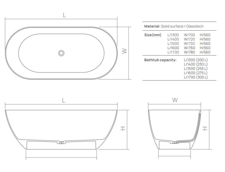 Ванна DEA Design Edge 1700x780x560 мм отдельностоящая Solid Surface цвет черный DD8928 1700 16