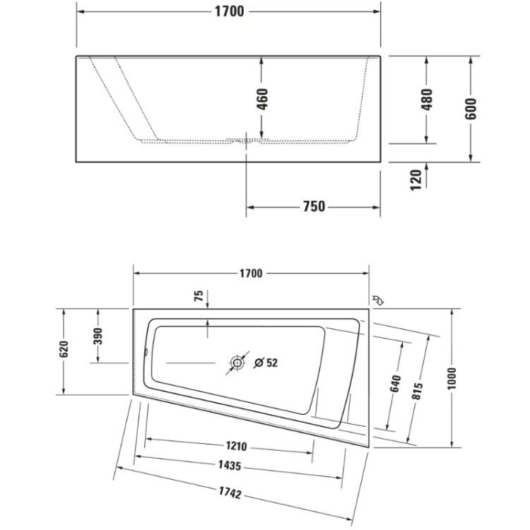 Ванна Duravit Paiova 1700x1000 мм угловая трапециевидная наклон спинки слева 700264000000000